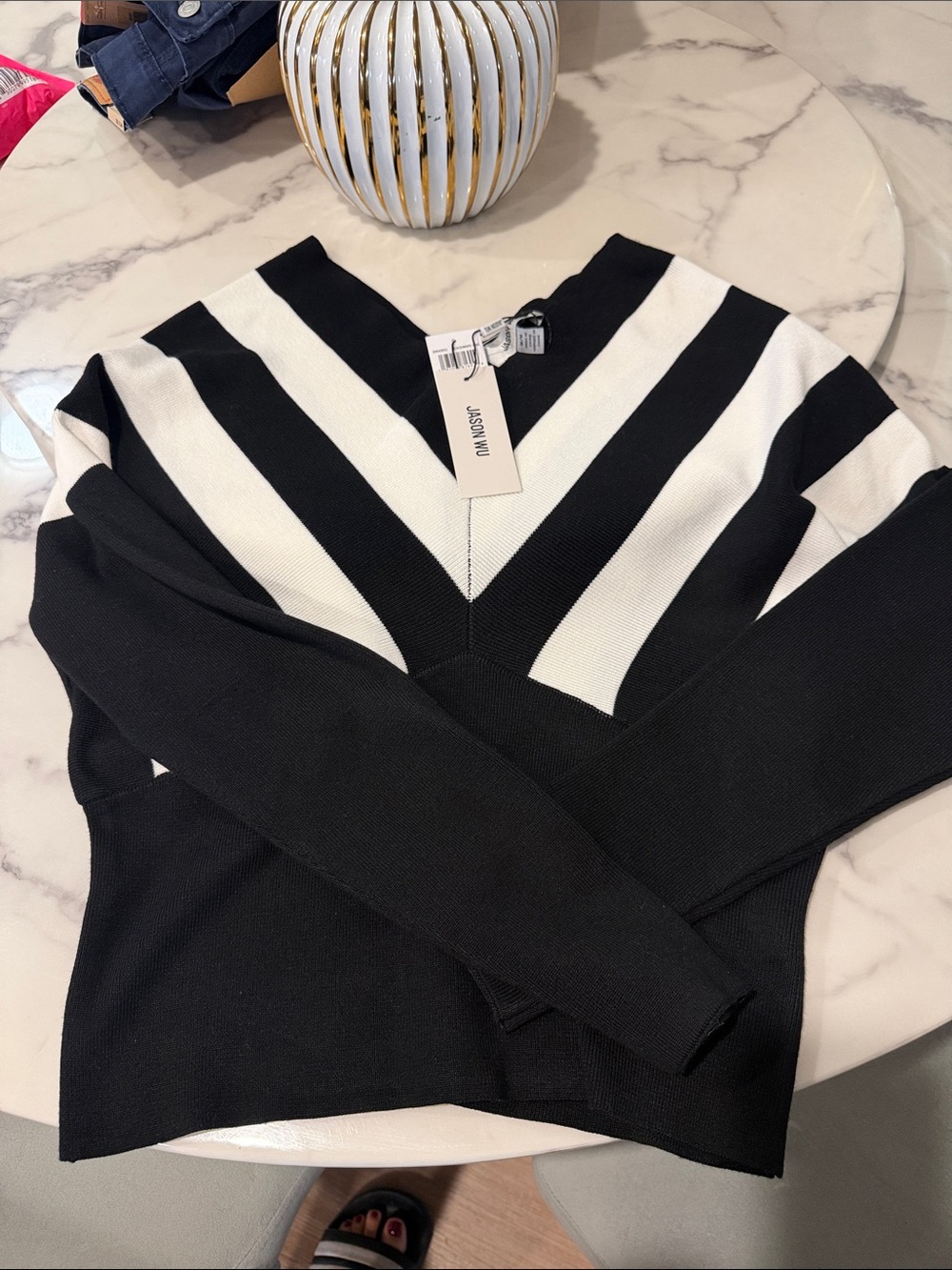 Jason Wu Black and White V-Neck Chevron Stripe Sweater
